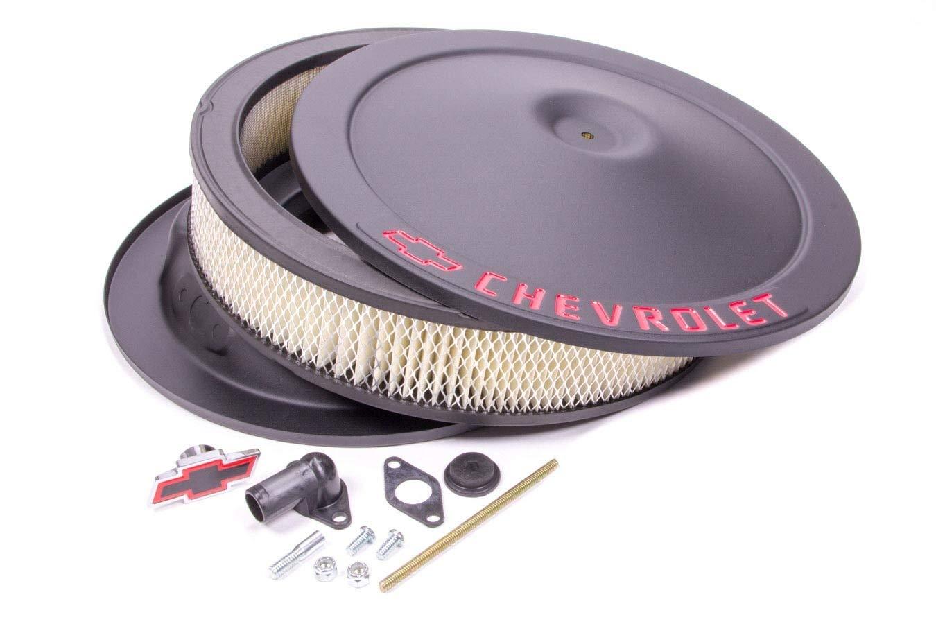 PROFORM 141-752 Air Cleaner Assembly, Classic, 14 in Round, 3 in Element, 5-1/8 in Carb Flange, Drop Base, Red Chevrolet Logo, Steel, Black Crinkle, Kit - High quality product image showing PROFORM 141-752 Air Cleaner Assembly, Classic, 14 in Round, 3 in Element, 5-1/8 in Carb Flange, Drop Base, Red Chevrolet Logo, Steel, Black Crinkle, Kit details and features