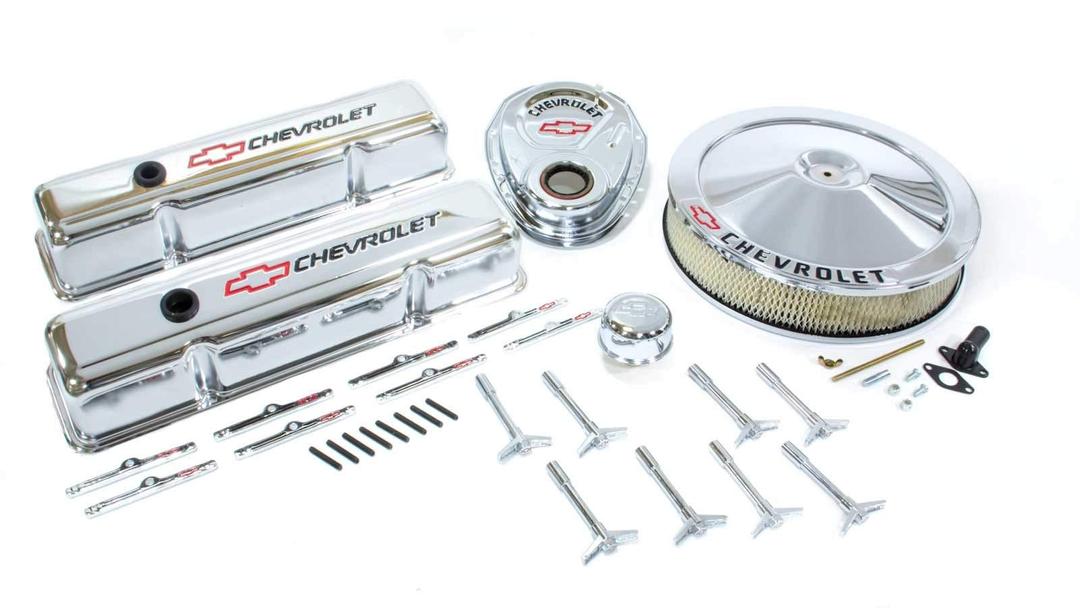 PROFORM 141-900 Chrome Engine Dress-Up Kit with Black Chevrolet/Red Bowtie Logo for Small Block Chevy - The Twister Group Tools product