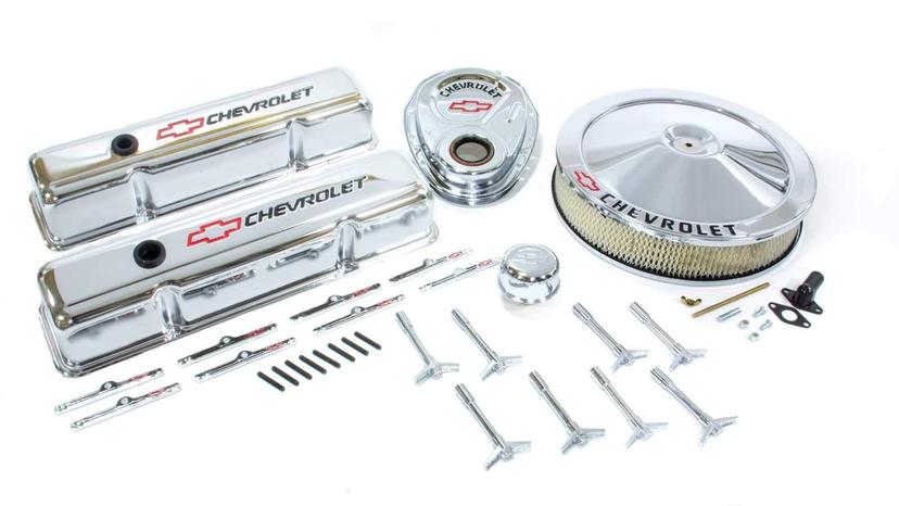 PROFORM 141-900 Chrome Engine Dress-Up Kit with Black Chevrolet/Red Bowtie Logo for Small Block Chevy