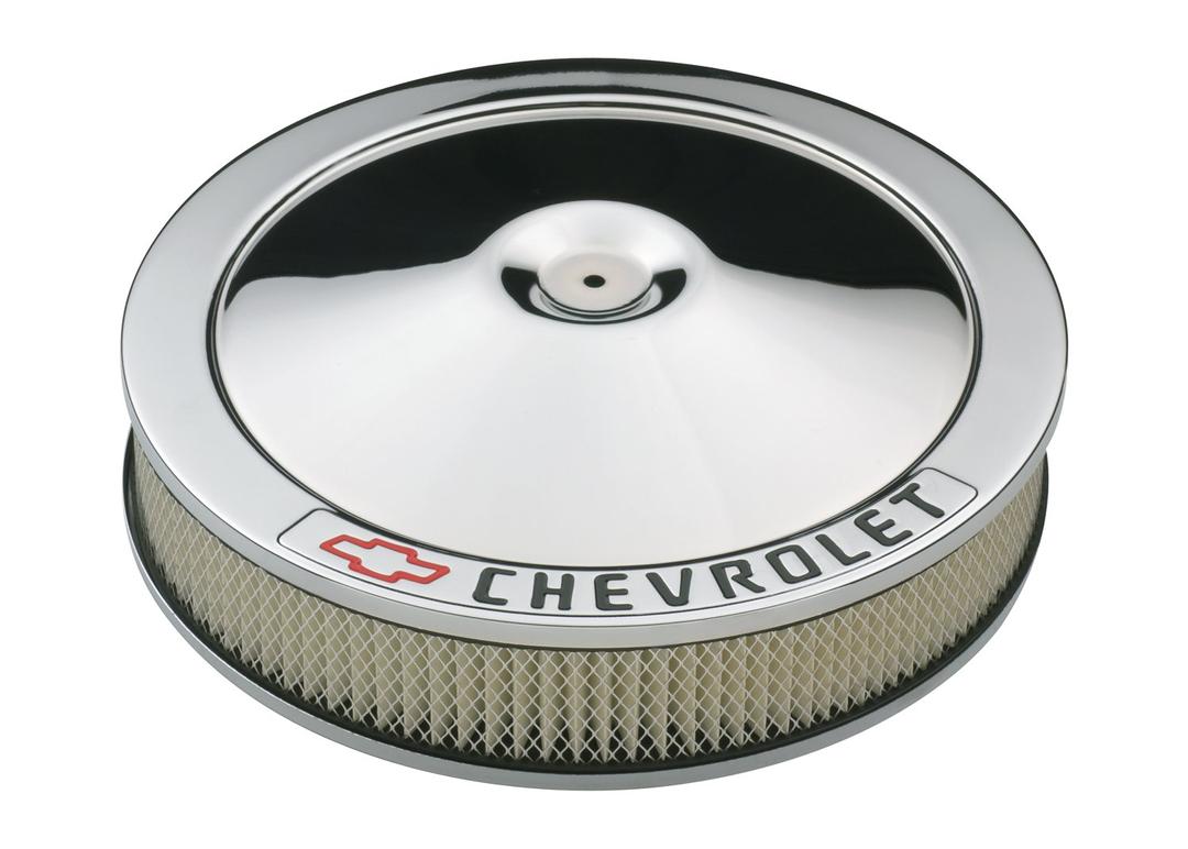 PROFORM 141-906 Chrome 14 INCH Diameter Air Cleaner Kit with Black Chevrolet/Red Bowtie Logo and 3 INCH Paper Filter - The Twister Group Tools product