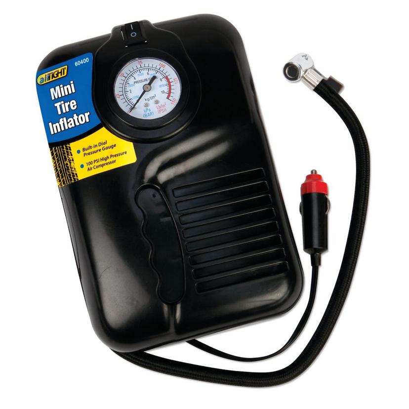 PERFORM TOOL 60400 TIRE INFLATOR, Electric Pump; 100 Pounds Per Square Inch Range; With Analog Gauge; 17-1/2 Inch Hose Length; Black; With Sports Ball Needle/ Raft And Toy Inflator Nozzles And Presta Valve Adapter; 12 Volts Power Plug; 9 Foot Power Cord