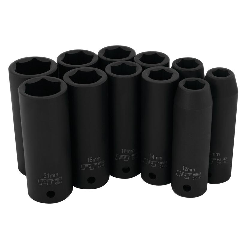 PERFORM TOOL M591DB Mechanics 1/2-Inch Drive Metric Deep Wall Impact Socket Set, 11-Piece