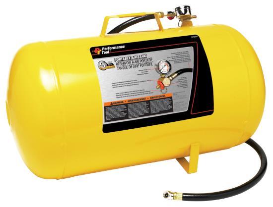 PERFORM TOOL W10005 Hi-viz 5-Gallon Horizontal Portable Air Tank With Tire Air Chuck, Yellow - High quality product image showing PERFORM TOOL W10005 Hi-viz 5-Gallon Horizontal Portable Air Tank With Tire Air Chuck, Yellow details and features