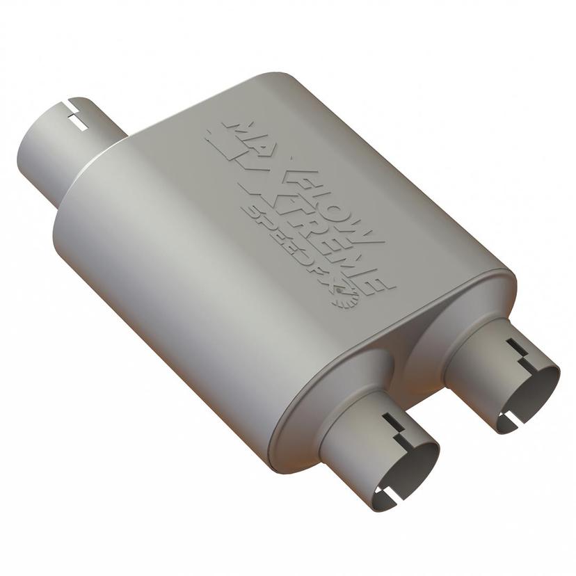 SPEEDFX 50100M2 Exhaust Muffler; MaxFlow Xtreme Muffler; 304 Stainless Steel; All 304 Stainless Internals; Chambered; Single Inlet 3 Inch Diameter; Dual Outlet 2-1/2 Inch Diameter; Rich Aggressive Tone; 16 Inch Overall Length