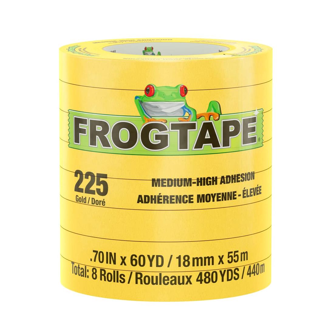 FROGTAPE 105319 225 Gold Moderate Temperature Performance Grade Masking Tape, Medium-High Adhesion, 18mm x 55m, 8 rolls per pack - The Twister Group Tools product