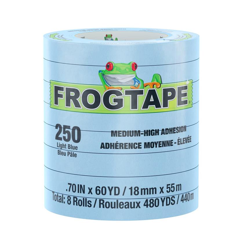 FROGTAPE 105326 250 Light Blue Moderate Temperature Performance Grade Masking Tape, Medium-High Adhesion, 18mm x 55m, 8 rolls per pack