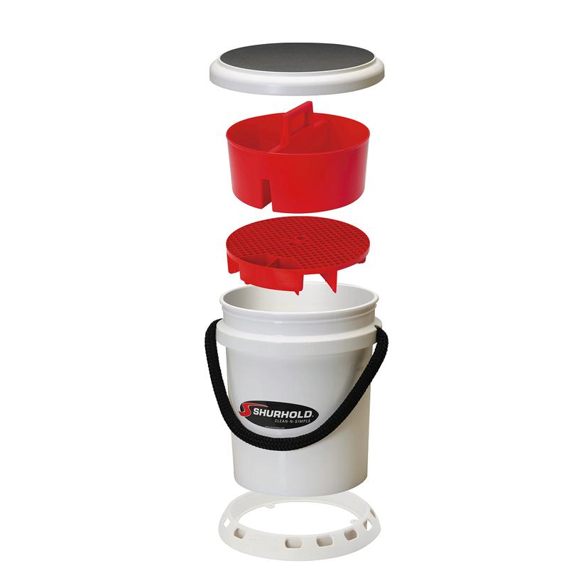 SHURHOLD 2463 Deluxe Bucket System, 5 Gallon Bucket with Rope Handle, Lid, Non-Skid Base, Bucket Caddy, White