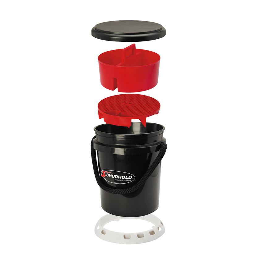 SHURHOLD 2464 2463 Deluxe Bucket System, 5 Gallon Bucket with Rope Handle, Lid, Non-Skid Base, Bucket Caddy, Black