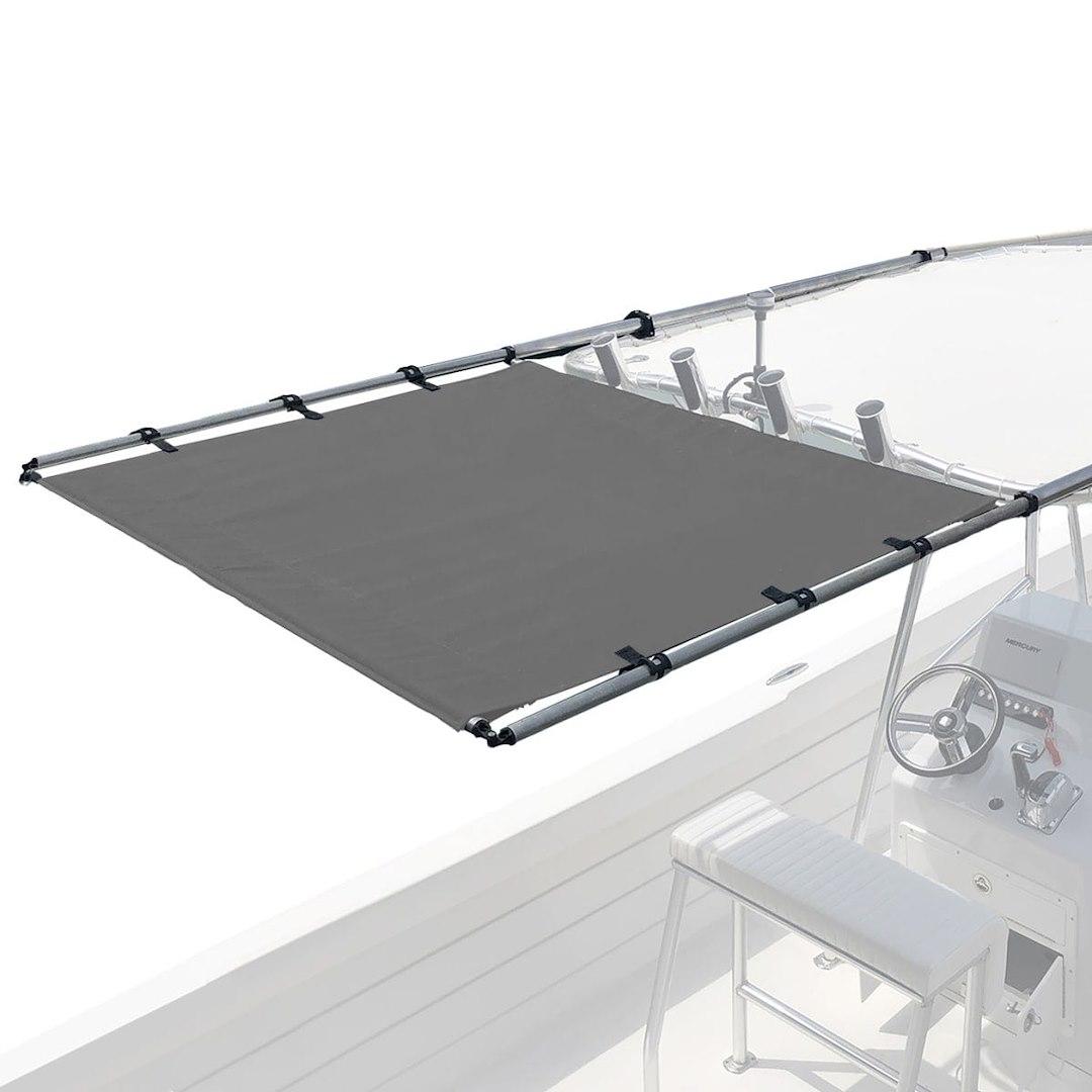 TAYLOR MADE 2021026258 PTX POWER SHADE SS 57 INCH WIDE GRY, Use Top Cover And Protect Boat Deck Aft Of T-Top From Rain And Sun; For Boats Under 26 Foot Length With A Soft T-Top Or Hardtop; Electric; 57 Inch Fabric Width x 5 Foot Extension Length - The Twister Group Tools product