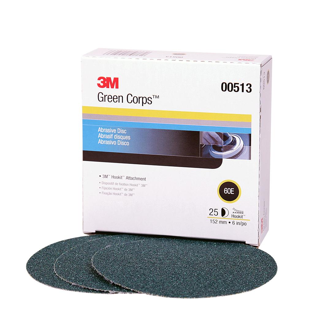 3M 00513 Green Corps Hookit Sanding Discs, No Hole, 6 in, 60+ Grade, Pack of 25 Production Discs, for Coating Removal, Metal Surfaces, Auto Sanding - The Twister Group Tools product