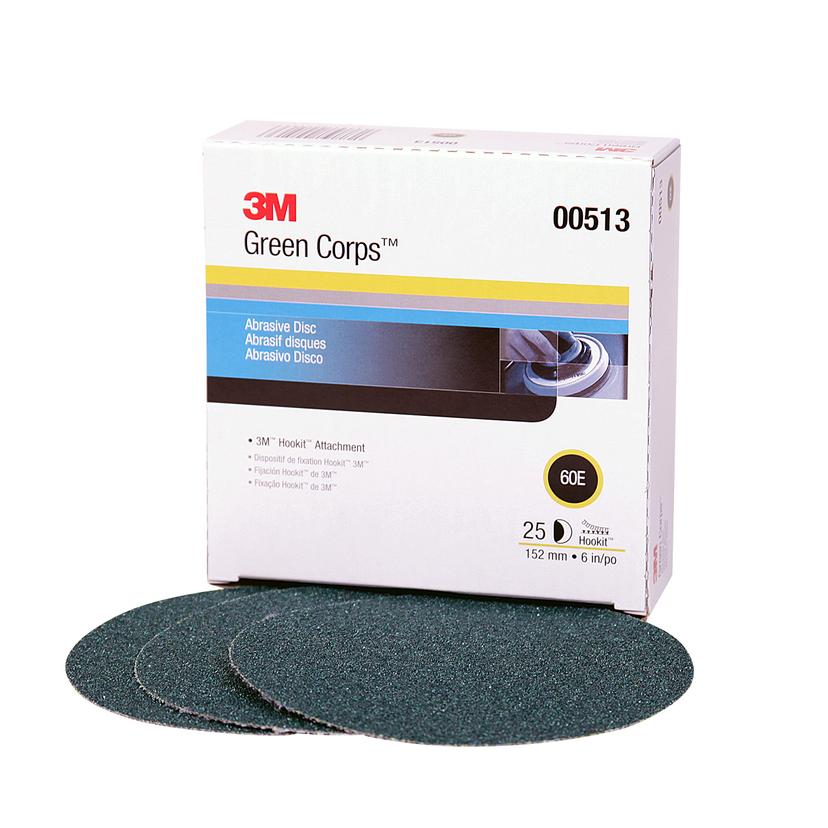 3M 00513 Green Corps Hookit Sanding Discs, No Hole, 6 in, 60+ Grade, Pack of 25 Production Discs, for Coating Removal, Metal Surfaces, Auto Sanding