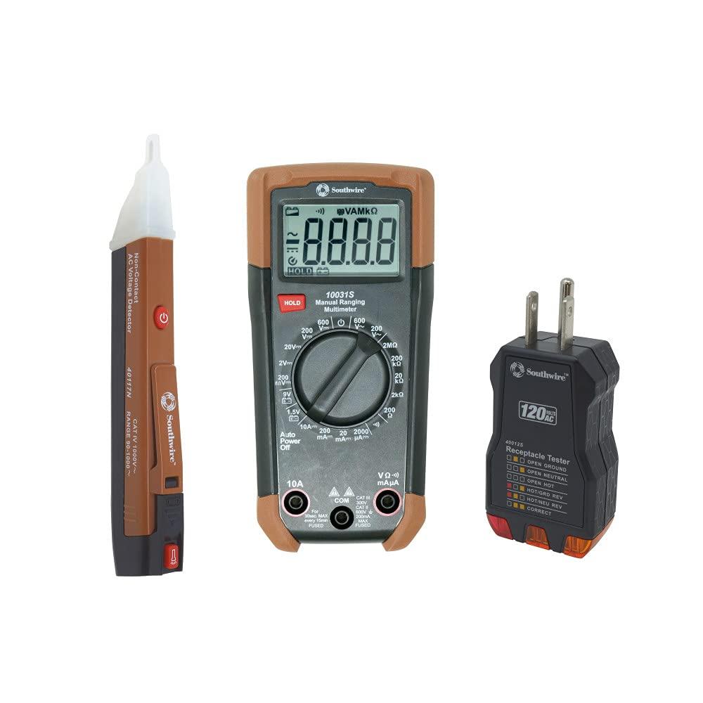 SOUTHWIRE 10037K Electrical Test Kit with Full-Function Multimeter; Non-Contact Voltage Detector; and Outlet Tester; Includes Test Leads and Batteries - High quality product image showing SOUTHWIRE 10037K Electrical Test Kit with Full-Function Multimeter; Non-Contact Voltage Detector; and Outlet Tester; Includes Test Leads and Batteries details and features