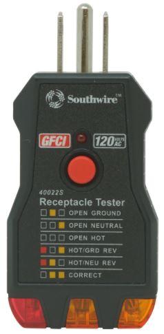 SOUTHWIRE 40022S GFCI OUTLET TESTER, Red/ Amber Light Display; 110 To 125 Volt AC; Detects Faulty Wiring In 3-Wire Receptacles - High quality product image showing SOUTHWIRE 40022S GFCI OUTLET TESTER, Red/ Amber Light Display; 110 To 125 Volt AC; Detects Faulty Wiring In 3-Wire Receptacles details and features