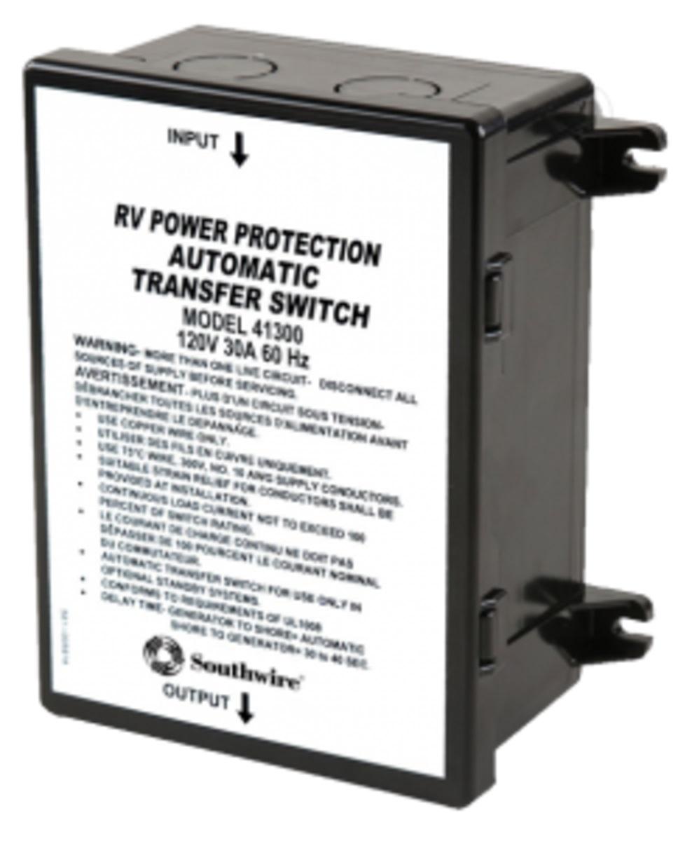 SOUTHWIRE 41300-001 BASIC 30A TRANSFER SWITCH, Transfer Power Between Shore And RV Generator; Automatic; 120 Volt; 30 Amp; Screw Terminal; 6-3/4 Inch Width x 7.62 Inch Height x 3.32 Inch Depth; Time Delay At Power Up - High quality product image showing SOUTHWIRE 41300-001 BASIC 30A TRANSFER SWITCH, Transfer Power Between Shore And RV Generator; Automatic; 120 Volt; 30 Amp; Screw Terminal; 6-3/4 Inch Width x 7.62 Inch Height x 3.32 Inch Depth; Time Delay At Power Up details and features