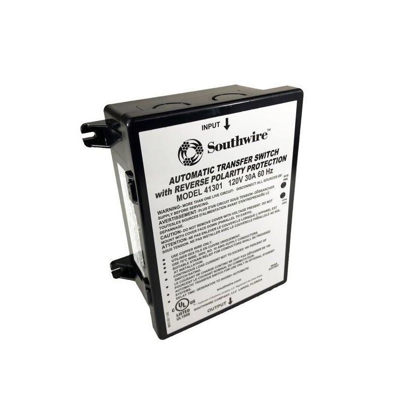 SOUTHWIRE 41301 30A REVERSE POLARITY TRANSFER SWITC, Transfer Power Between Shore And RV Generator; Automatic; 120 Volt; 30 Amp; Screw Terminal; Protects Against Reverse Polarity