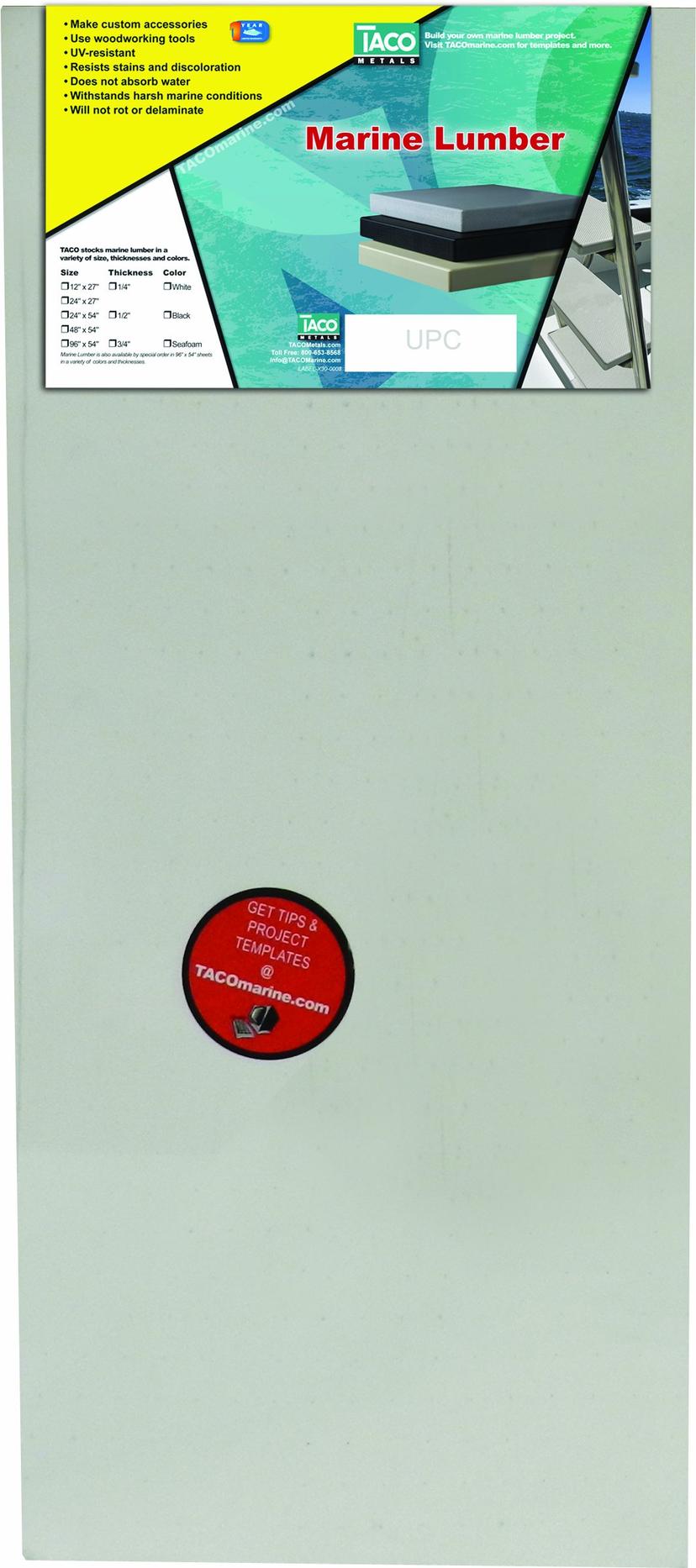 TACO P10-2512WHA27-1 KingStarboard Marine Lumber, 27 INCHW x 12 INCHL x 1/4 INCHThk, White