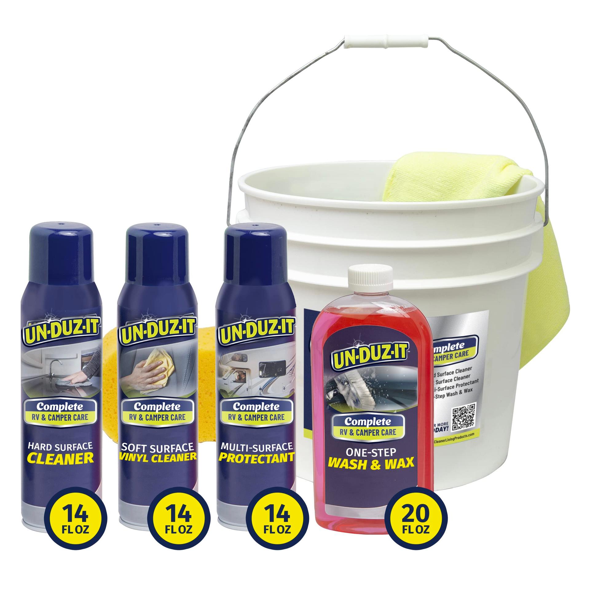 UNDUZIT 126953 RV 7-Piece Detailing Kit, Contains RV Wash and Wax, Soft Surface and Vinyl Cleaner, Hard Surface Cleaner, Multi-Surface Protectant Spray, Bucket, Sponge and Microfiber Towel - High quality product image showing UNDUZIT 126953 RV 7-Piece Detailing Kit, Contains RV Wash and Wax, Soft Surface and Vinyl Cleaner, Hard Surface Cleaner, Multi-Surface Protectant Spray, Bucket, Sponge and Microfiber Towel details and features