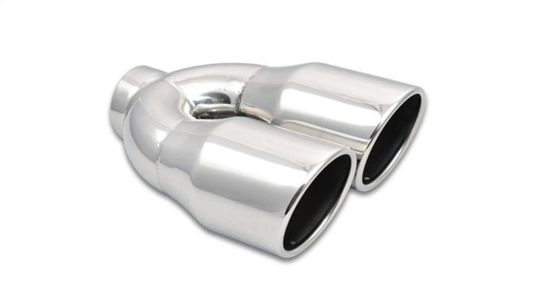 VIBRANT 1326 Power Exhaust Tip, Weld-On, 2.50 in. Inlet I.D, Dual 3.50 in. Outlet O.D, Double Wall, Angle Cut, Rolled Edge, 10.00 in. long, 304 Stainless Steel, Mirror Polished, each - The Twister Group Tools product