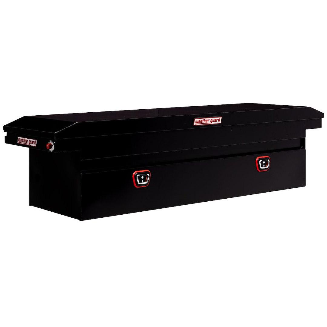 WEATHER GUARD 120-5-04 SADDLE BOX, Crossover; Low Profile; Single Lid; Powder Coated; Gloss Black; Steel; 20 Inch Length x 72 Inch Width x 18 Inch Height; 11 Cubic Feet Capacity - High quality product image showing WEATHER GUARD 120-5-04 SADDLE BOX, Crossover; Low Profile; Single Lid; Powder Coated; Gloss Black; Steel; 20 Inch Length x 72 Inch Width x 18 Inch Height; 11 Cubic Feet Capacity details and features