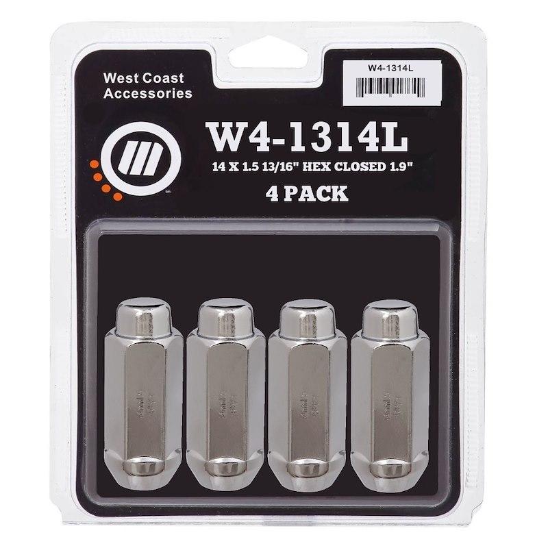 WC WHEEL W4-1314L Lug Nut; 14 x 1.5 Millimeter Thread Size; 60 Degree Conical; Acorn Extra Long; 1.90 Inch/ 48.2 Millimeter Overall Length; 13/16 Inch Hex Size; Chrome Plated; Steel; Pack Of 4