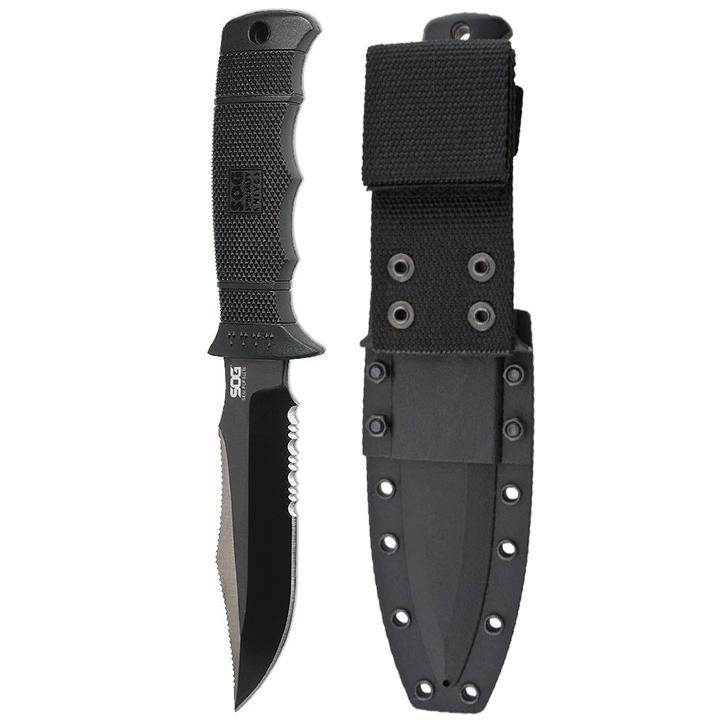 SOG E37T-K Seal Pup Elite - Fixed Serrated Blade - Kydex Sheath - Black Tini Partially Serrated Knife - High quality product image showing SOG E37T-K Seal Pup Elite - Fixed Serrated Blade - Kydex Sheath - Black Tini Partially Serrated Knife details and features