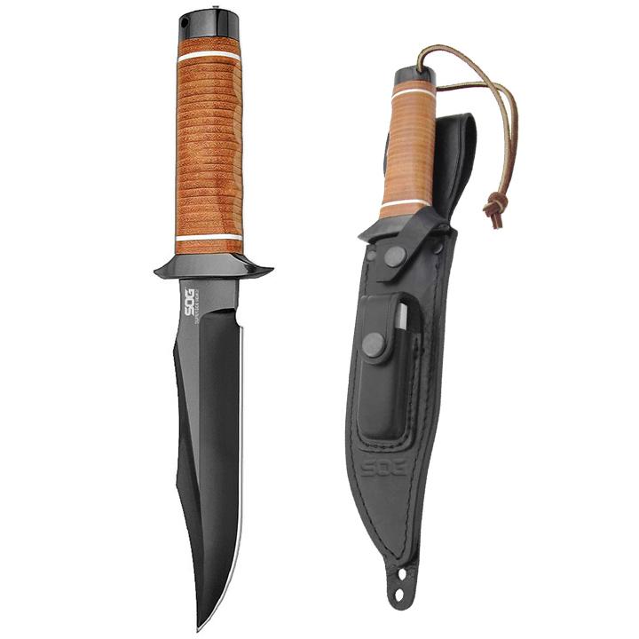 SOG SB1T-L Super Bowie 7.5 INCH Black Tini Fixed Blade Leather Handles Leather Sheath