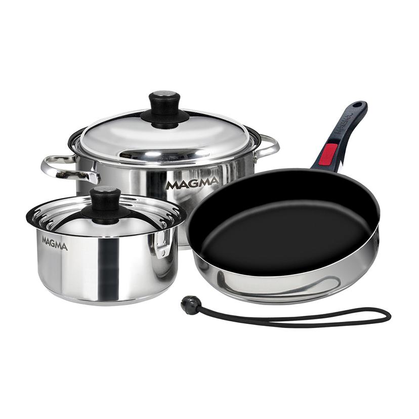 MAGMA A10-363-2-IND NESTING 7-PIECE INDUCTION COMPATIBLE COOKWARE - STAINLESS STEEL EXTERIOR & SLATE BLACK CERAMICA NON-STICK INTERIOR