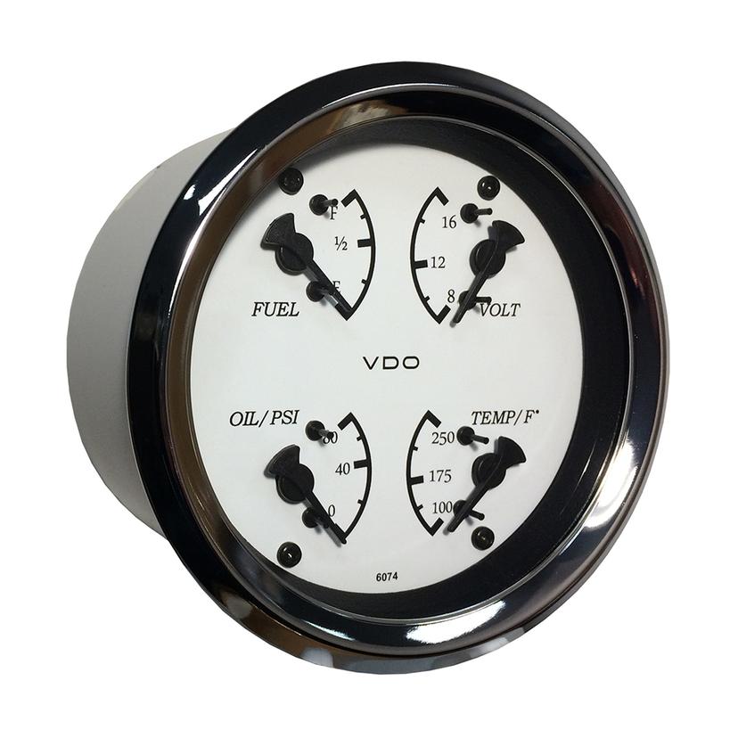 VDO 110-15800 ALLENTARE 4 IN 1 GAUGE - 85MM - WHITE DIAL/BLACK POINTER - OIL PRESSURE, WATER TEMP, FUEL LEVEL, VOLTMETER - CHROME BEZEL