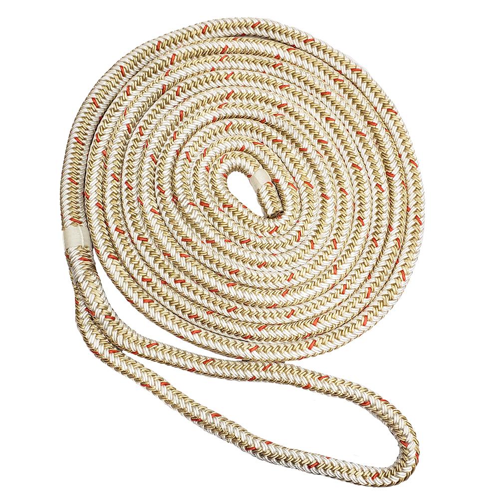 NEW ENGLAND ROPES C5059-12-00025 3/8 INCH X 25FT NYLON DOUBLE BRAID DOCK LINE - WHITE/GOLD W/TRACER - High quality product image showing NEW ENGLAND ROPES C5059-12-00025 3/8 INCH X 25FT NYLON DOUBLE BRAID DOCK LINE - WHITE/GOLD W/TRACER details and features