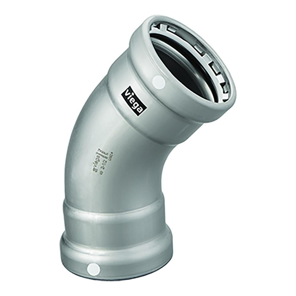 VIEGA 26540 MEGAPRESS 4 INCH 45°CARBON STEEL ELBOW W/FKM - DOUBLE PRESS CONNECTION - SMART CONNECT TECHNOLOGY - High quality product image showing VIEGA 26540 MEGAPRESS 4 INCH 45°CARBON STEEL ELBOW W/FKM - DOUBLE PRESS CONNECTION - SMART CONNECT TECHNOLOGY details and features