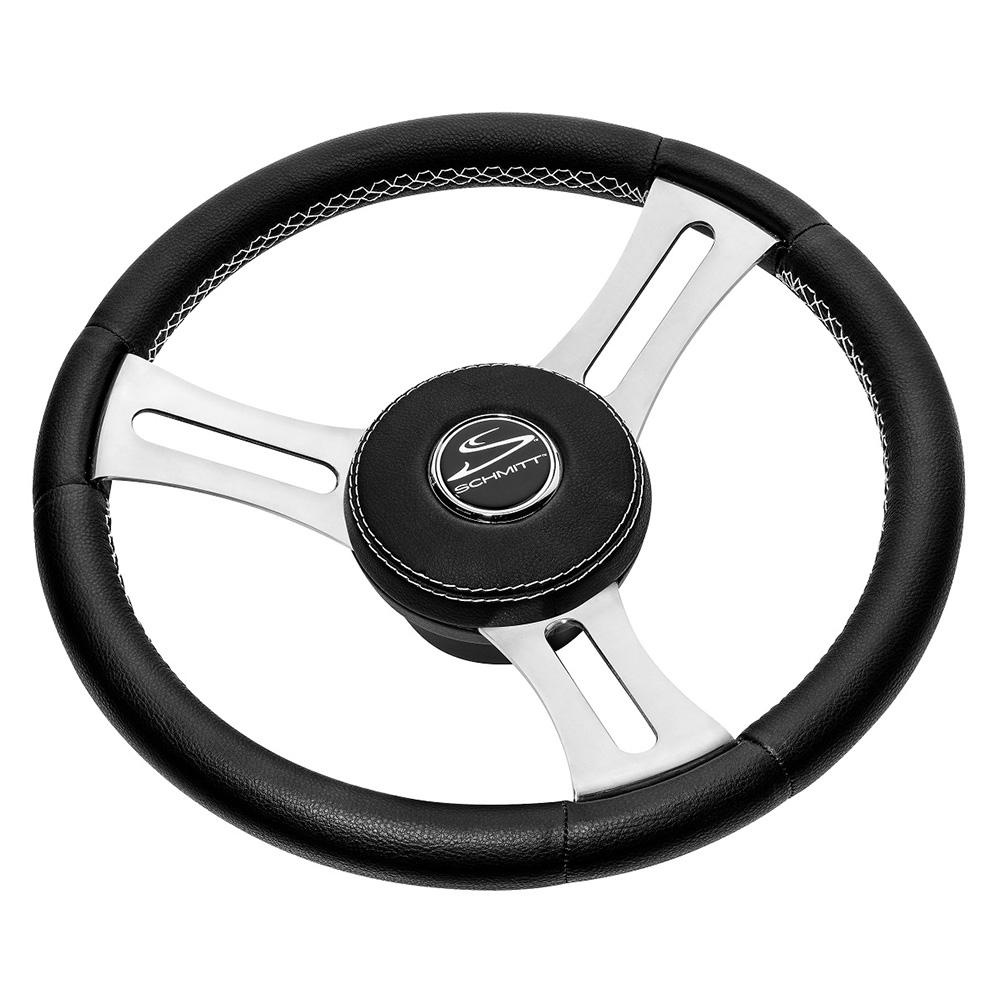SCHMITT MARINE PU085241 TORCELLO ELITE 14 INCH WHEEL - BLACK LEATHER & CAP - WHITE STITCHING - POLISHED SS SPOKES - 3/4 INCH TAPERED SHAFT - High quality product image showing SCHMITT MARINE PU085241 TORCELLO ELITE 14 INCH WHEEL - BLACK LEATHER & CAP - WHITE STITCHING - POLISHED SS SPOKES - 3/4 INCH TAPERED SHAFT details and features