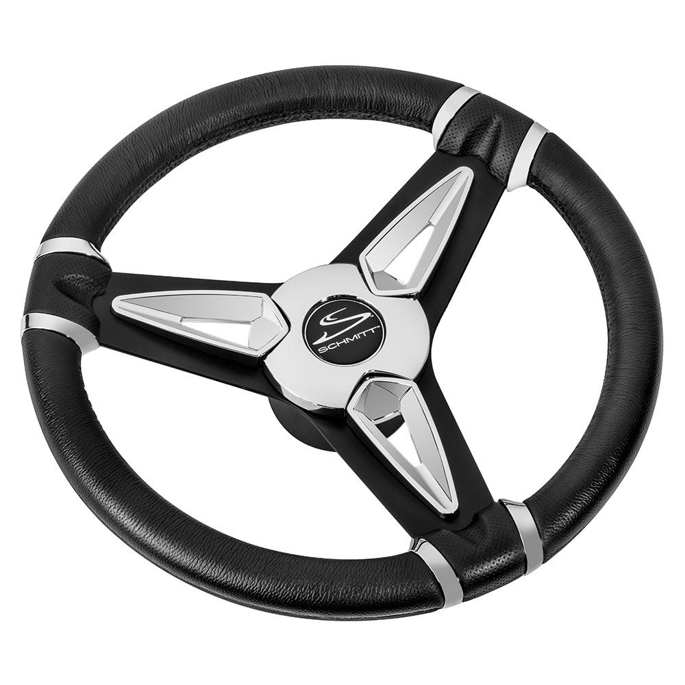 SCHMITT MARINE PU501404 PU50 14 INCH WHEEL - CHROME CAP & SPOKE INSERTS - BLACK SPOKES - 3/4 INCH TAPERED SHAFT - High quality product image showing SCHMITT MARINE PU501404 PU50 14 INCH WHEEL - CHROME CAP & SPOKE INSERTS - BLACK SPOKES - 3/4 INCH TAPERED SHAFT details and features