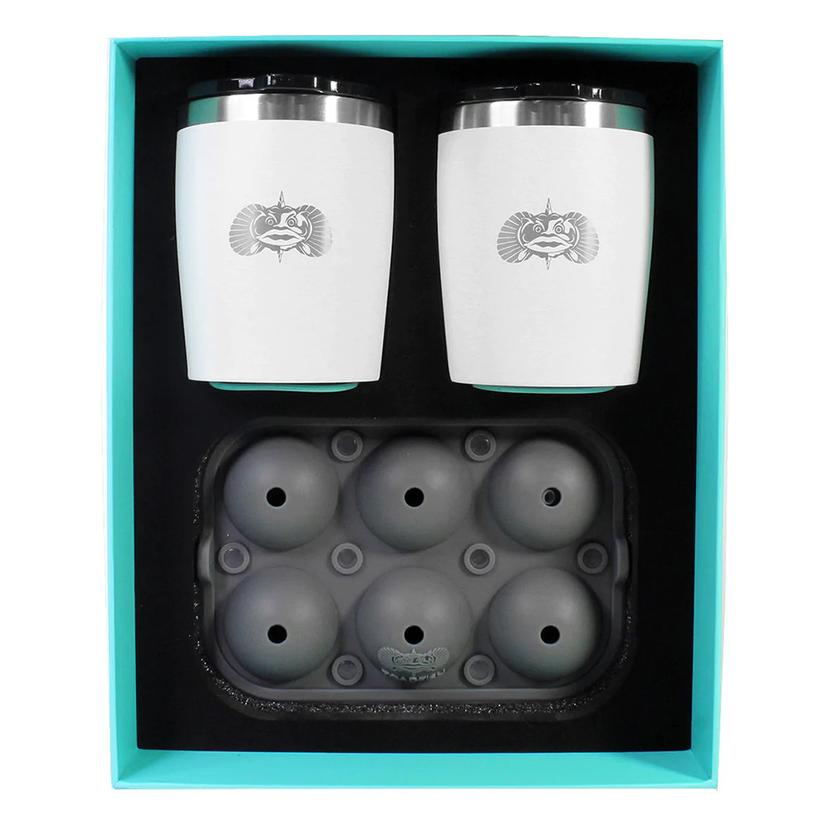 TOADFISH 1119 NON-TIPPING 10OZ WHITE ROCKS TUMBLERS W/ICE BALL TRAY - 2 TUMBLERS