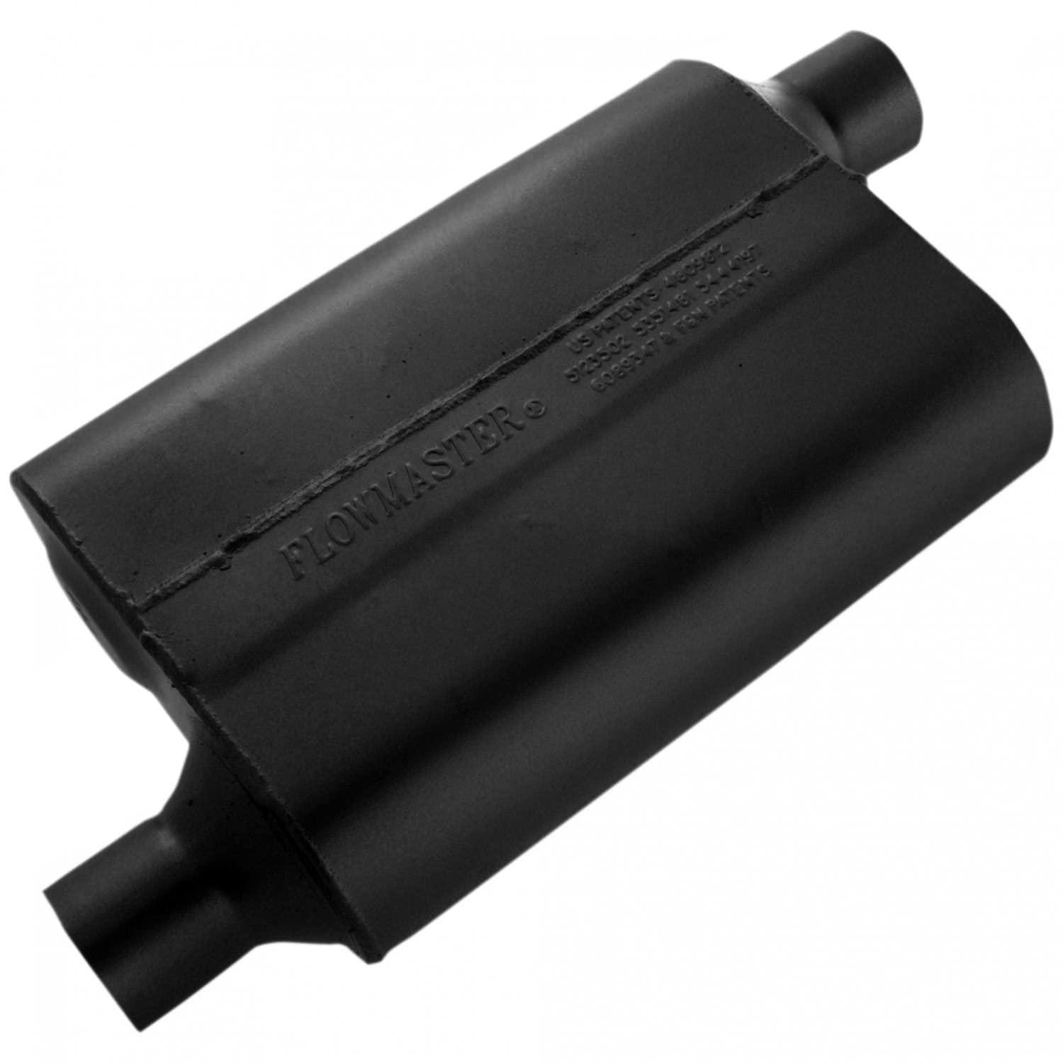FLOWMASTER 42443 Exhaust Muffler; 40 Series Original; 9-3/4 Inch Width X 4 Inch Height Black Coated Aluminized Steel Case; Single 2-1/4 Inch Offset Inlet; Single 2-1/4 Inch Offset Outlet; 13 Inch Body/19 Inch Overall Length - High quality product image showing FLOWMASTER 42443 Exhaust Muffler; 40 Series Original; 9-3/4 Inch Width X 4 Inch Height Black Coated Aluminized Steel Case; Single 2-1/4 Inch Offset Inlet; Single 2-1/4 Inch Offset Outlet; 13 Inch Body/19 Inch Overall Length details and features FLOWMASTER 42443 Exhaust Muffler; 40 Series Original; 9-3/4 Inch Width X 4 Inch Height Black Coated Aluminized Steel Case; Single 2-1/4 Inch Offset Inlet; Single 2-1/4 Inch Offset Outlet; 13 Inch Body/19 Inch Overall Length - High quality product image showing FLOWMASTER 42443 Exhaust Muffler; 40 Series Original; 9-3/4 Inch Width X 4 Inch Height Black Coated Aluminized Steel Case; Single 2-1/4 Inch Offset Inlet; Single 2-1/4 Inch Offset Outlet; 13 Inch Body/19 Inch Overall Length details and features