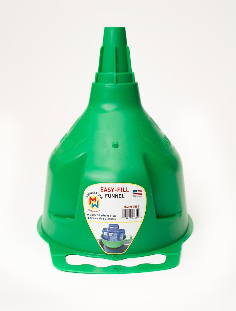 MIDWEST CAN 3650 EASY-FILL FUNNEL, Round; 8-3/8 Inch Diameter x 10-1/4 Inch Height; 0.9 Gallon Capacity; Green; High-Density Polyethylene; With Integrated Filter/ Splash Guard/ Finger Holds/ Gripping Ribs MIDWEST CAN 3650 EASY-FILL FUNNEL, Round; 8-3/8 Inch Diameter x 10-1/4 Inch Height; 0.9 Gallon Capacity; Green; High-Density Polyethylene; With Integrated Filter/ Splash Guard/ Finger Holds/ Gripping Ribs