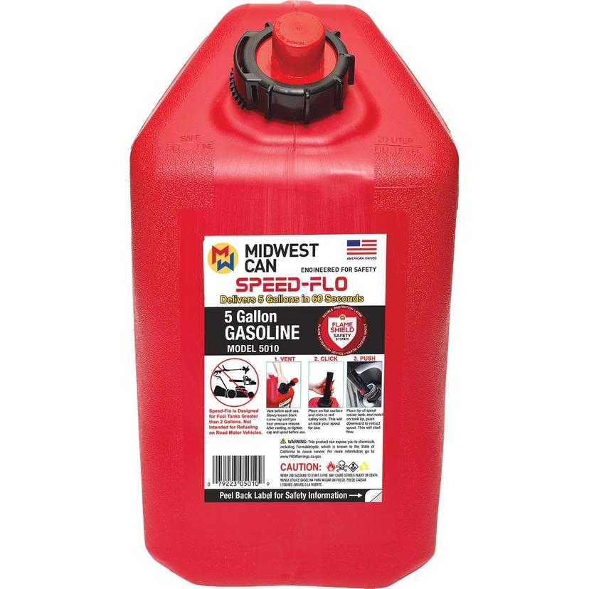 MIDWEST CAN 5010 Company MC-Pro Line Gasoline Can Fuel Container Jug with Speed-Flo Spout and Flame Shield System, 5 Gallons, Red MIDWEST CAN 5010 Company MC-Pro Line Gasoline Can Fuel Container Jug with Speed-Flo Spout and Flame Shield System, 5 Gallons, Red
