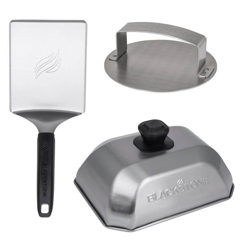 BLACKSTONE 5462 Hamburger Kit (3 Piece) - Metal Flipper Spatula Turner, Basting Cover & Hamburger Press Patty Stainless Steel Burger Maker Set for Bacon, Steak-Griddle Accessories for Grilling, Black BLACKSTONE 5462 Hamburger Kit (3 Piece) - Metal Flipper Spatula Turner, Basting Cover & Hamburger Press Patty Stainless Steel Burger Maker Set for Bacon, Steak-Griddle Accessories for Grilling, Black